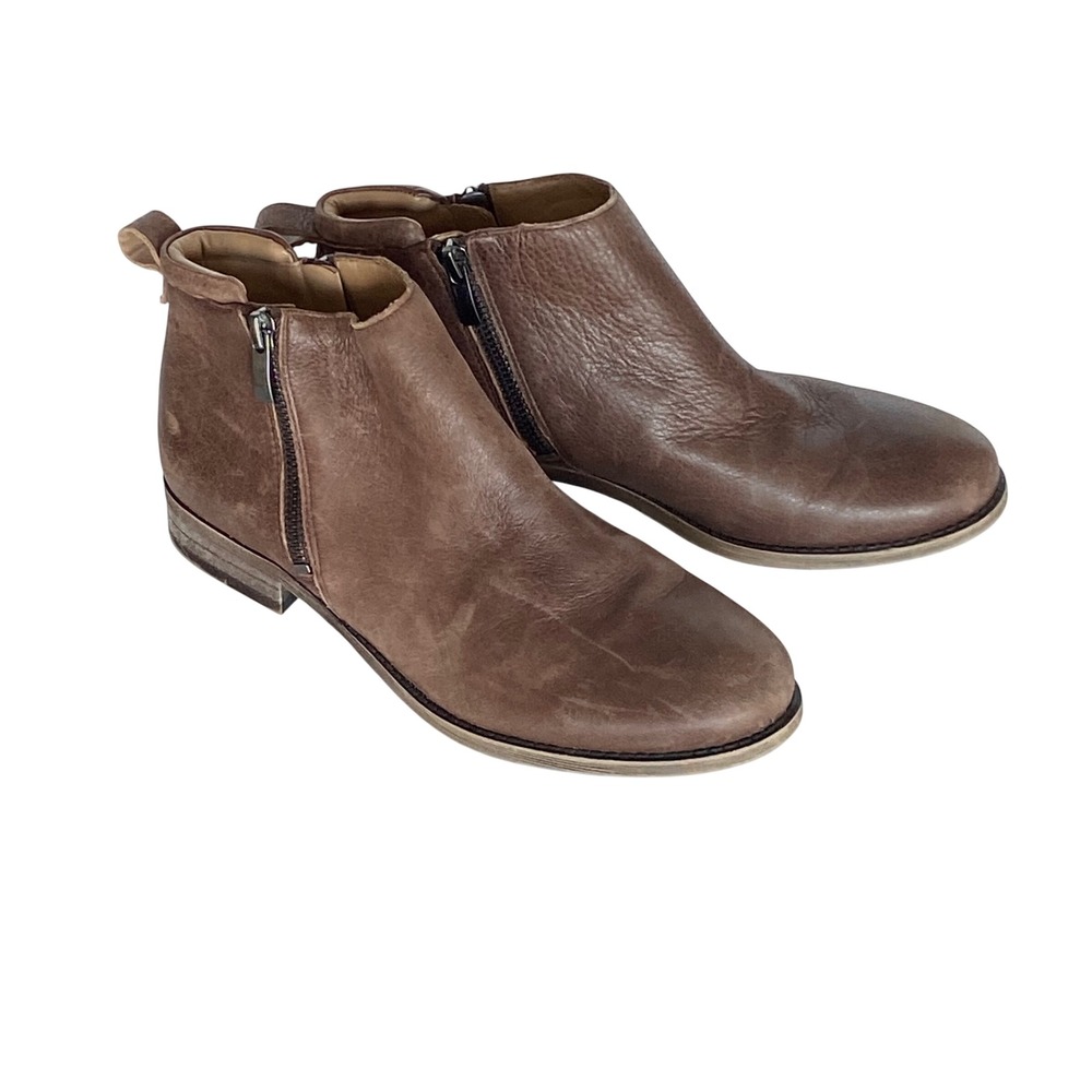Franco Sarto Keegan Brown Leather Ankle Boots Dual Zip Low Heel Womens 8M